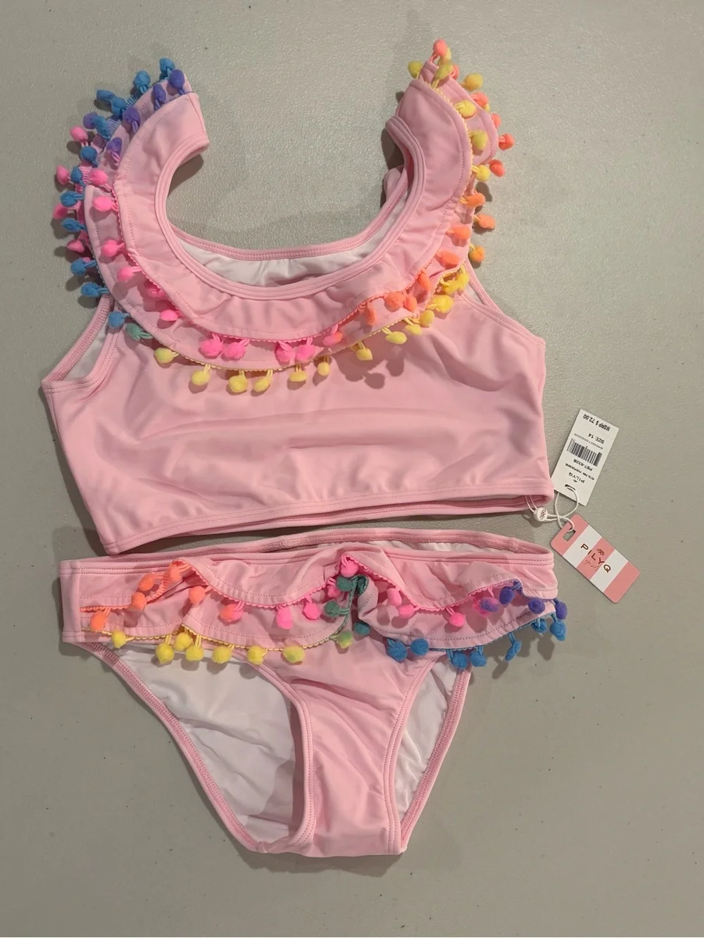 Pilyq Light Pink Girls Two-Piece Swim Set with Multicolor Pom-Poms